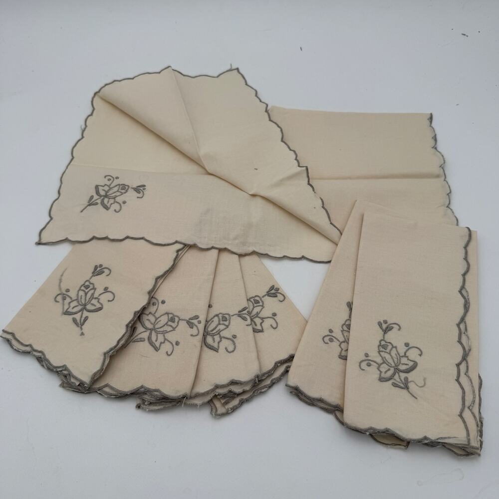 Vintage Embroidered Napkins Gray edges with Gray Flowers set of 6 plus 1
